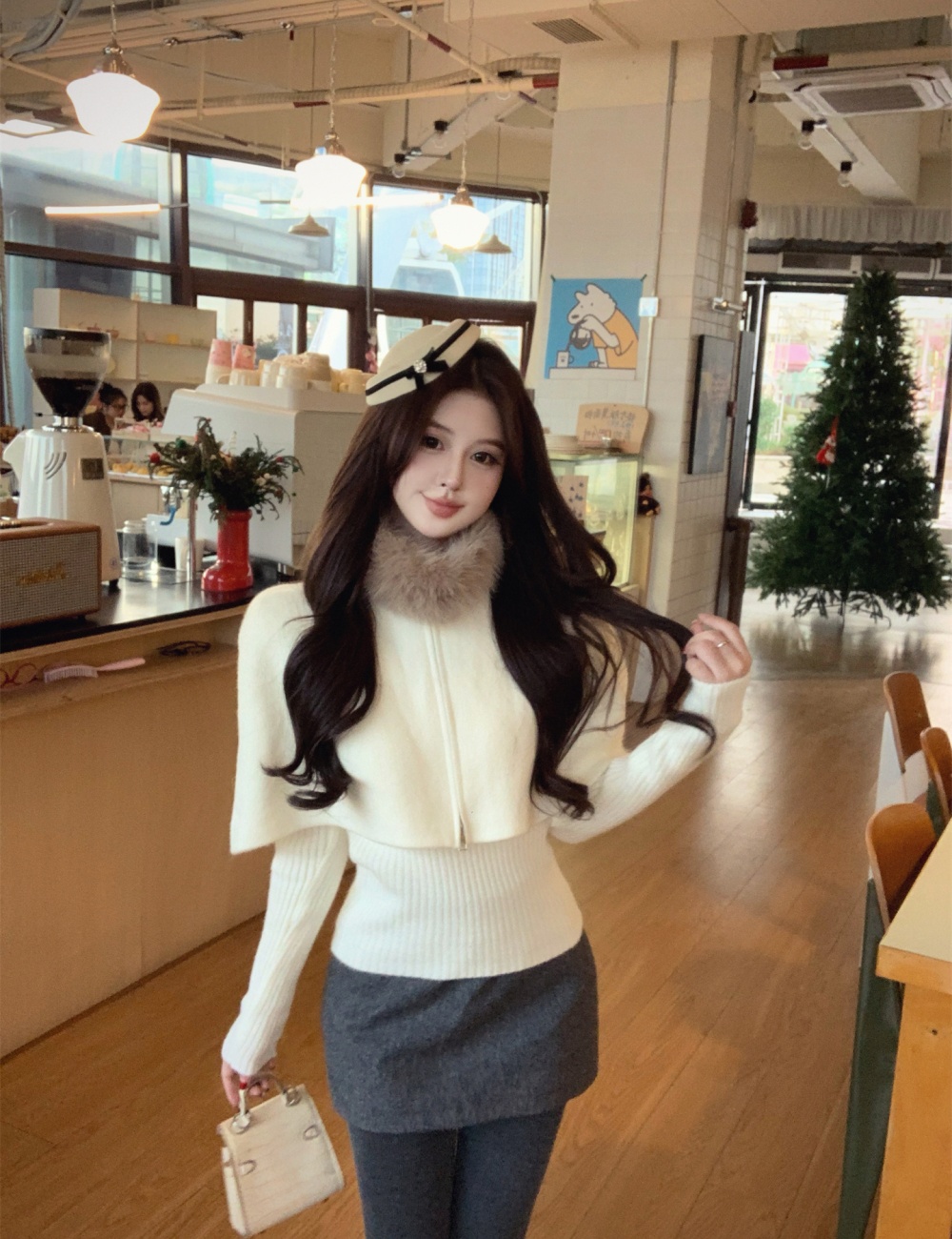 Knitted fox fur collar removable cloak 2pcs set for women