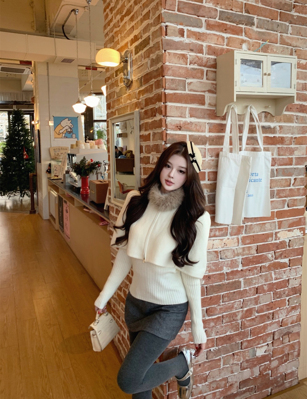 Knitted fox fur collar removable cloak 2pcs set for women