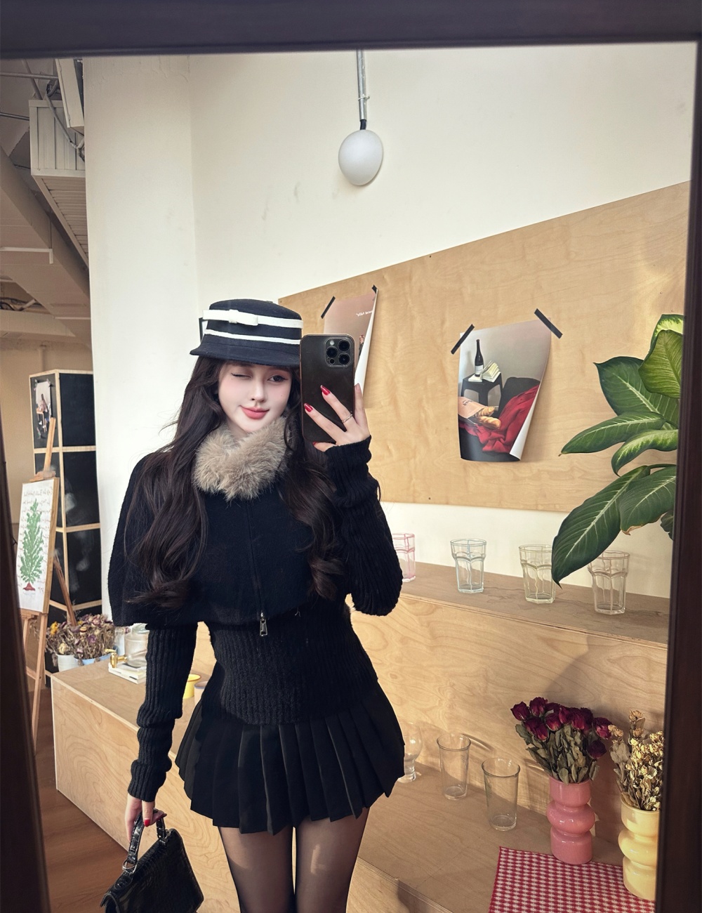 Knitted fox fur collar removable cloak 2pcs set for women