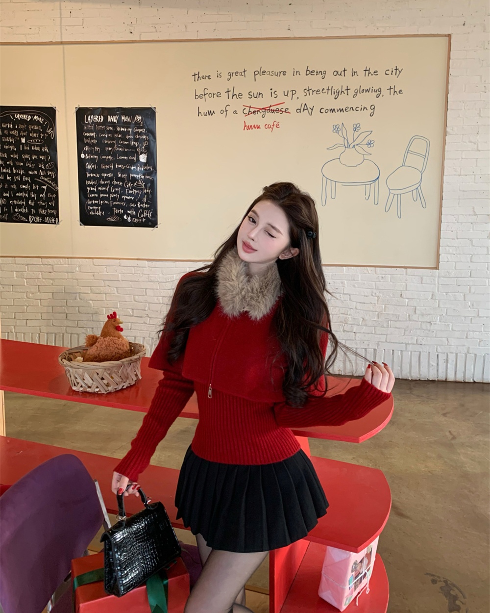 Knitted fox fur collar removable cloak 2pcs set for women