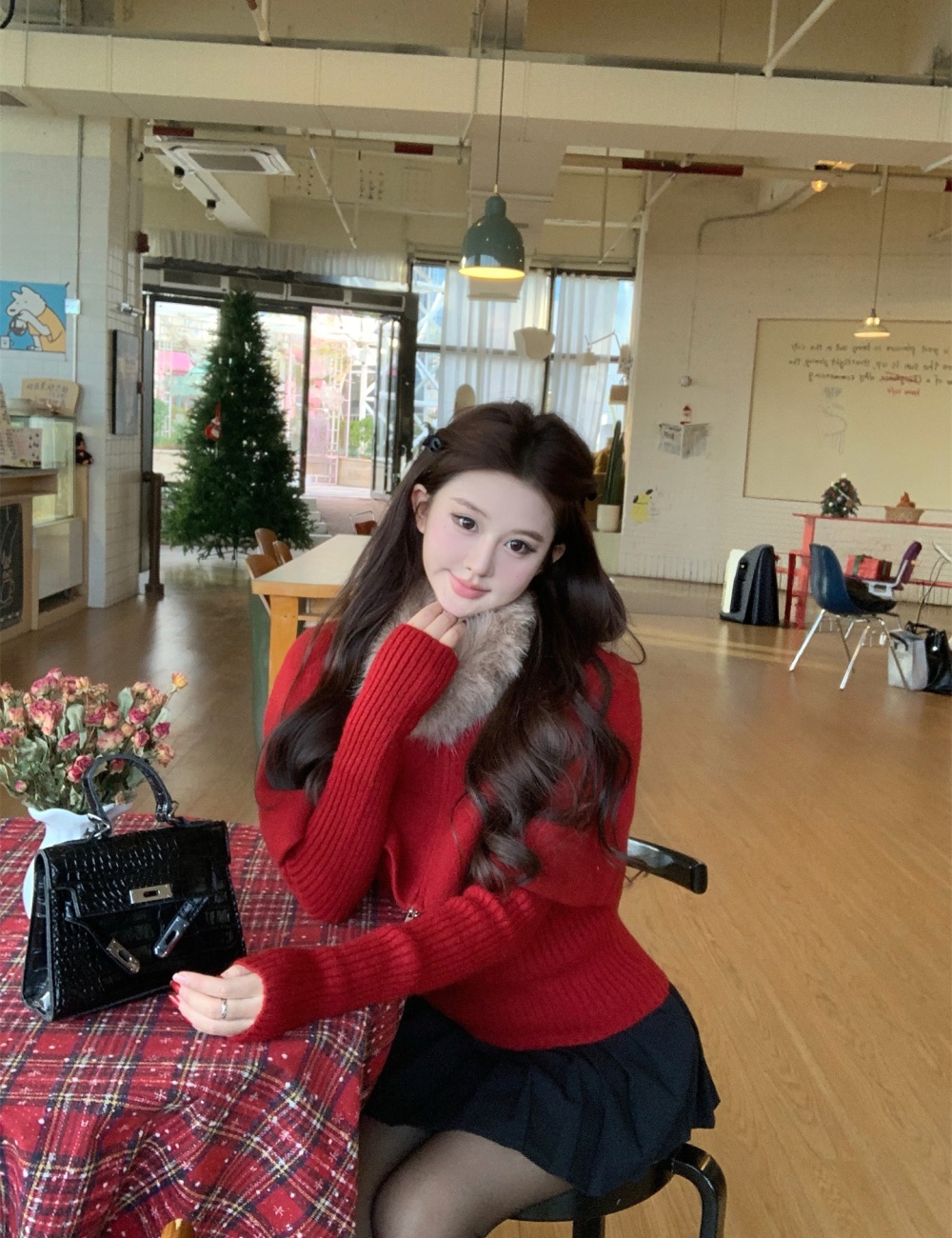 Knitted fox fur collar removable cloak 2pcs set for women