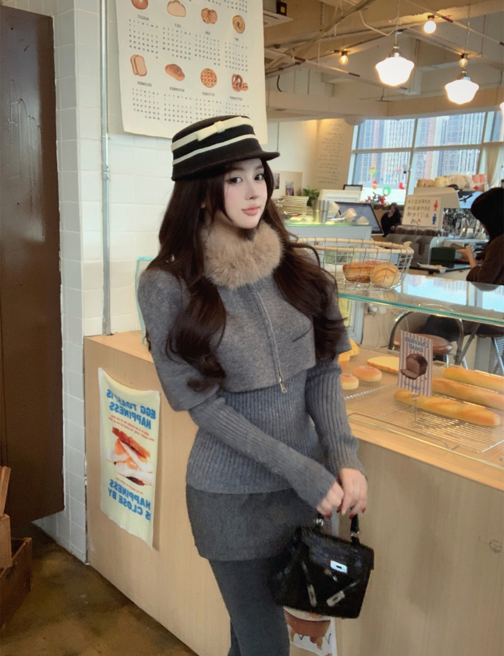 Knitted fox fur collar removable cloak 2pcs set for women