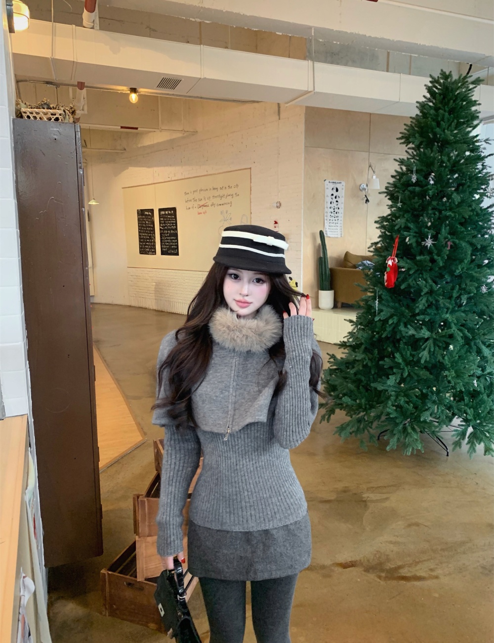 Knitted fox fur collar removable cloak 2pcs set for women