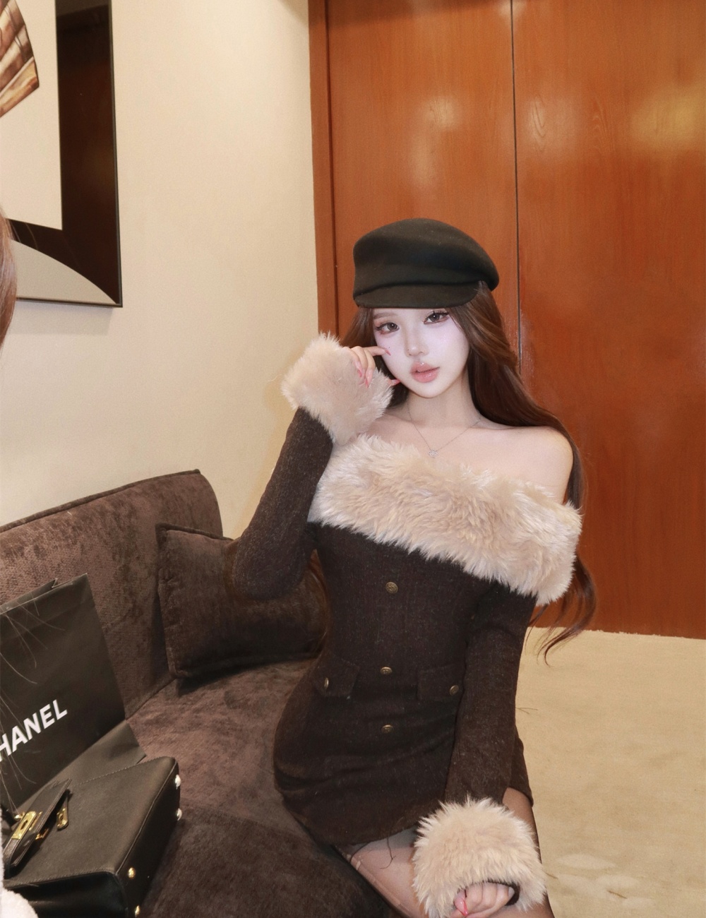 Autumn and winter dress fur collar sleeve T-back