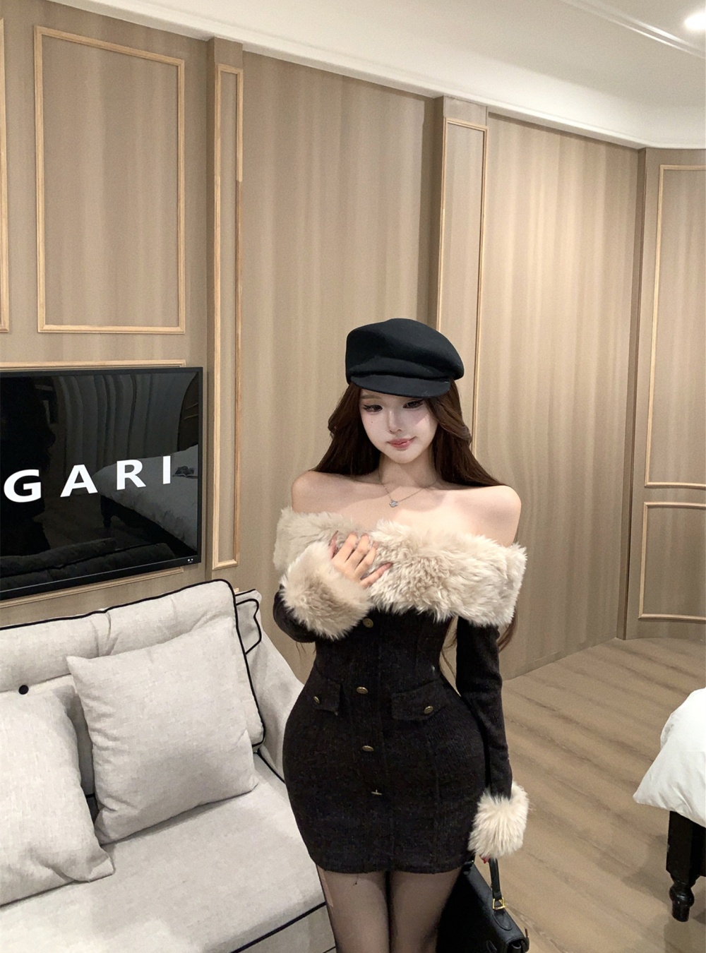 Autumn and winter dress fur collar sleeve T-back