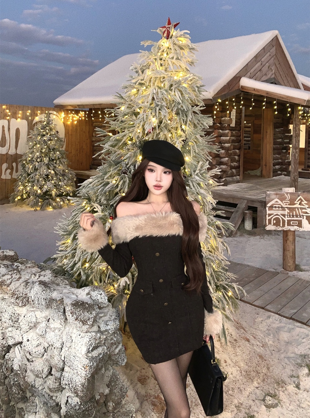 Autumn and winter dress fur collar sleeve T-back