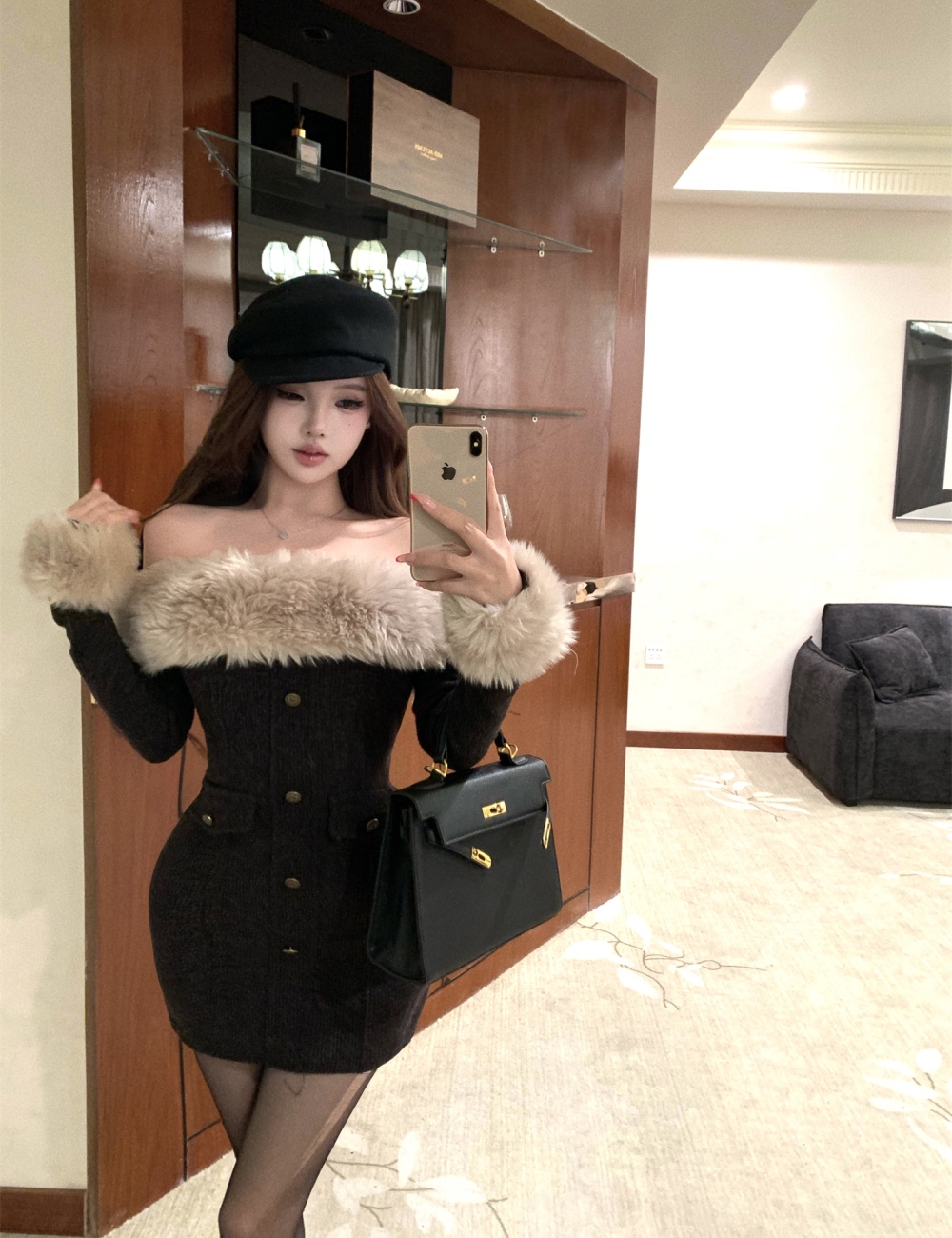 Autumn and winter dress fur collar sleeve T-back