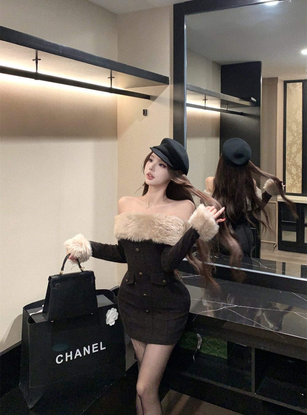 Autumn and winter dress fur collar sleeve T-back