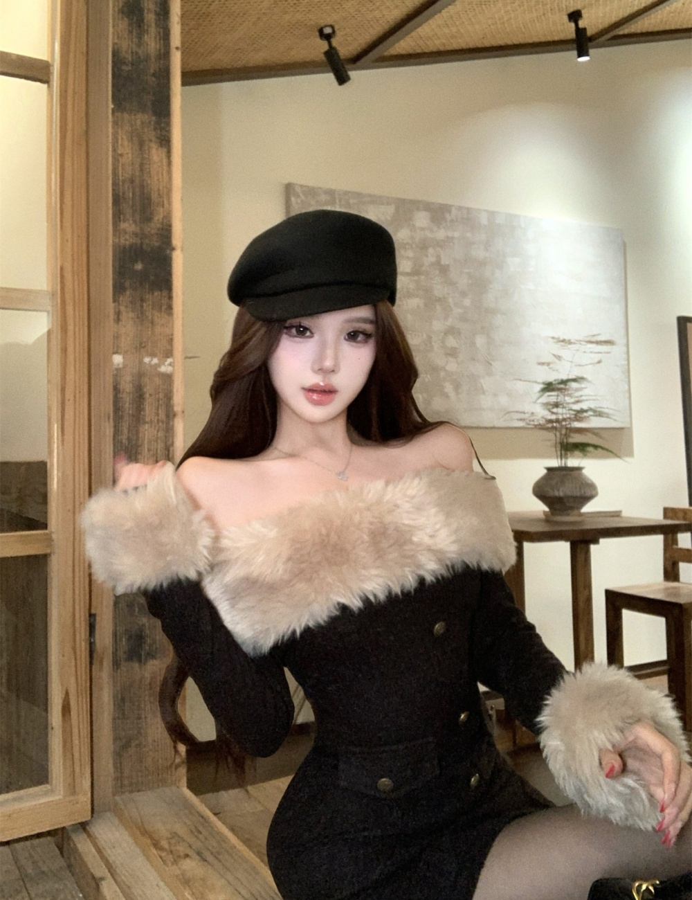 Autumn and winter dress fur collar sleeve T-back