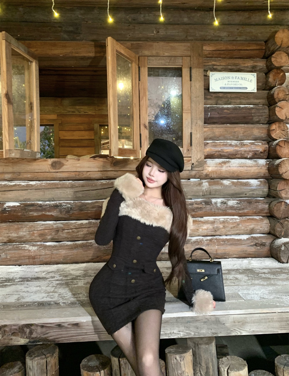 Autumn and winter dress fur collar sleeve T-back