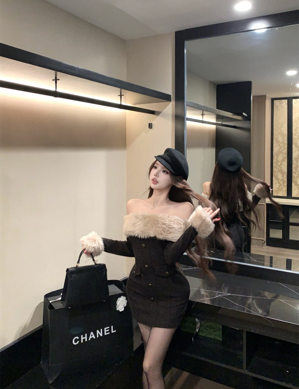 Autumn and winter dress fur collar sleeve T-back