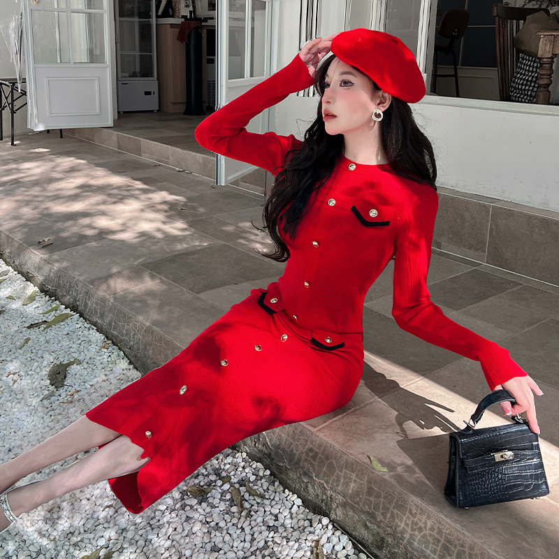 Bottoming winter dress chanelstyle sweater dress for women