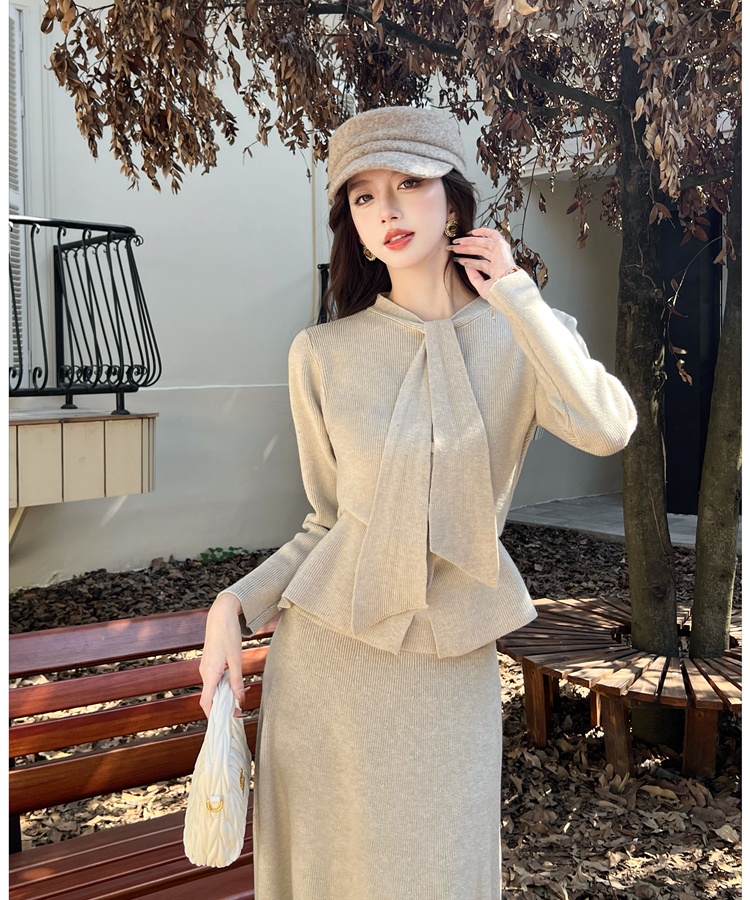 Knitted slim fashion temperament skirt 2pcs set for women