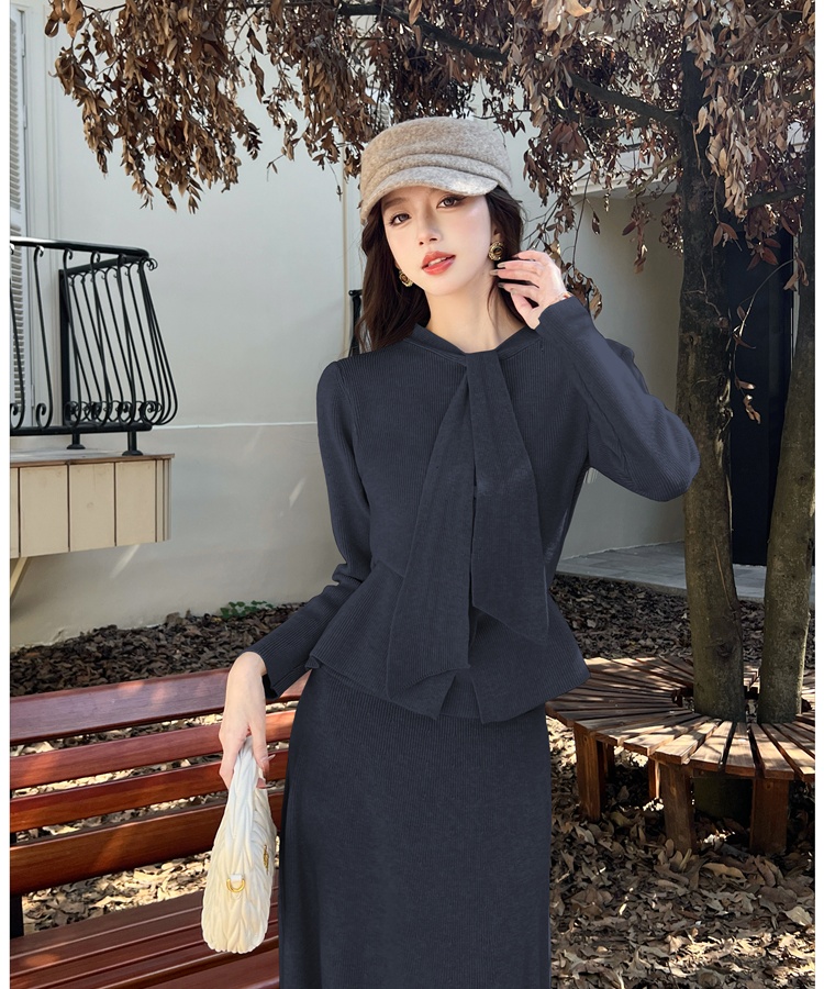 Knitted slim fashion temperament skirt 2pcs set for women