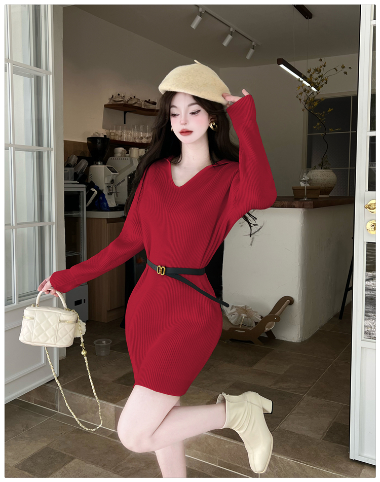 Fashion lapel T-back Korean style pinched waist dress for women