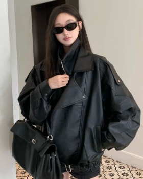 Plus velvet leather coat retro coat for women