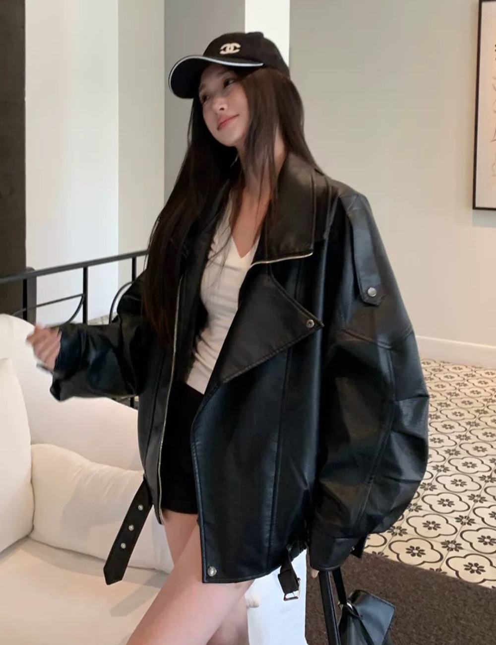 Plus velvet leather coat retro coat for women