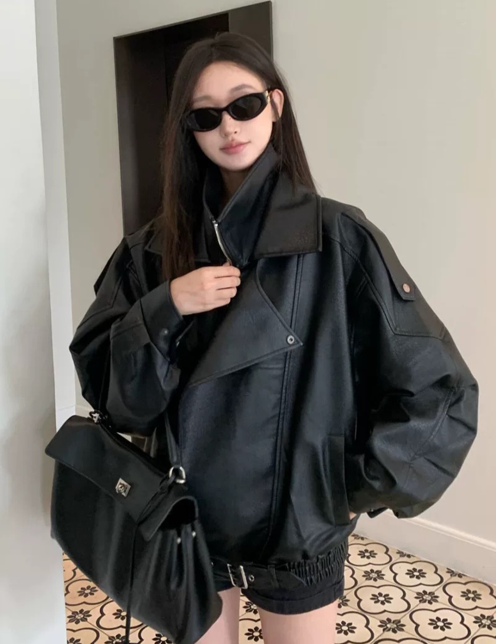 Plus velvet leather coat retro coat for women