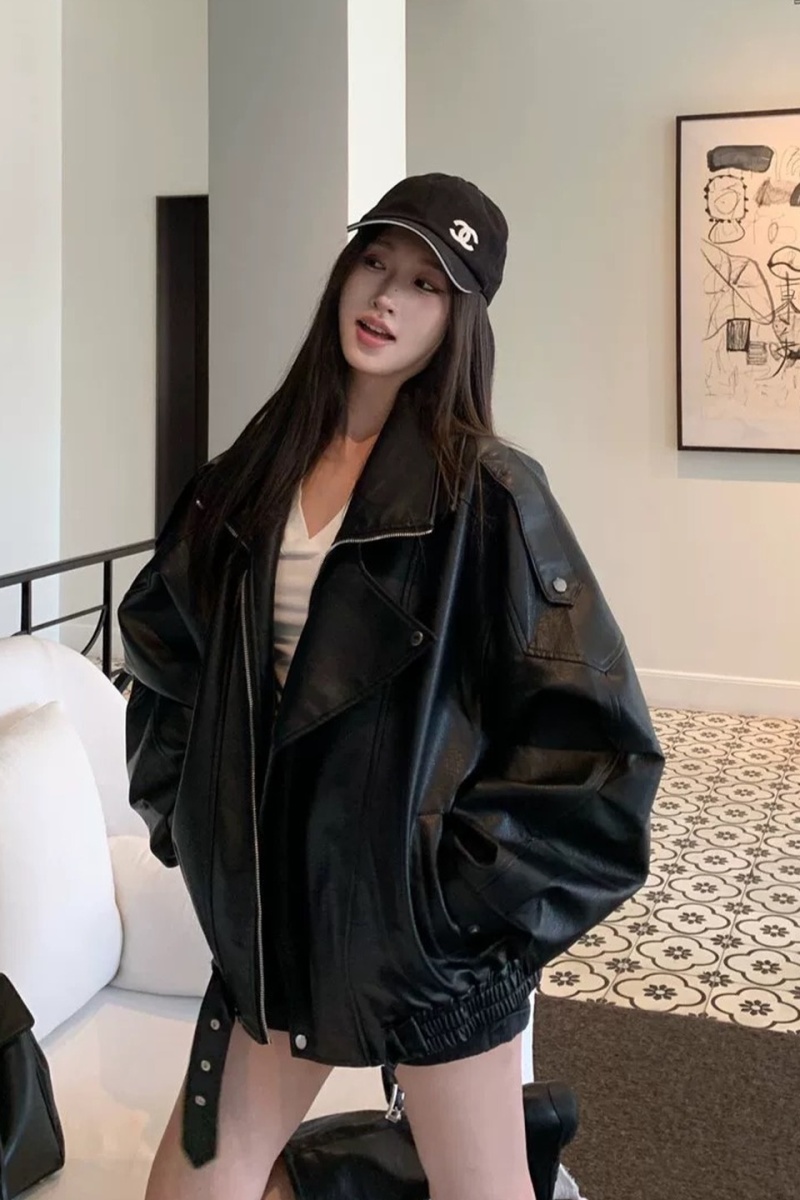 Plus velvet leather coat retro coat for women