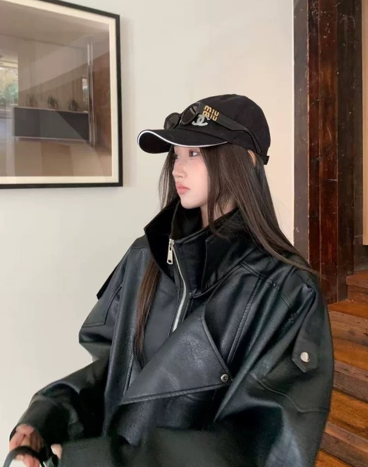 Plus velvet leather coat retro coat for women