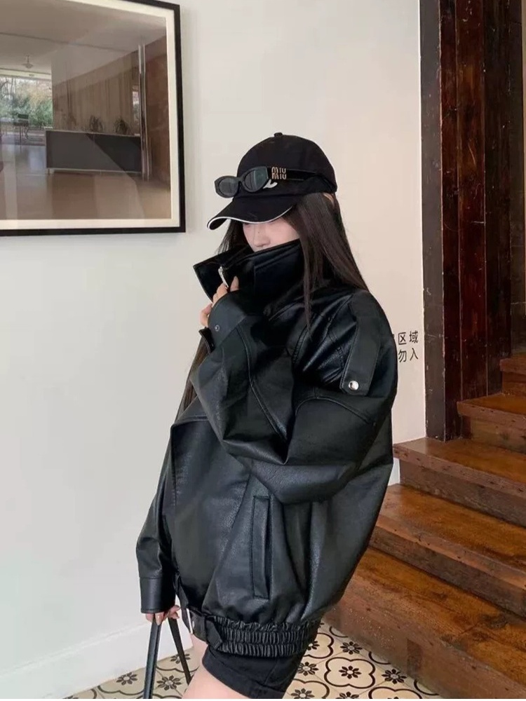 Plus velvet leather coat retro coat for women