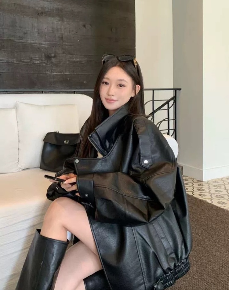 Plus velvet leather coat retro coat for women