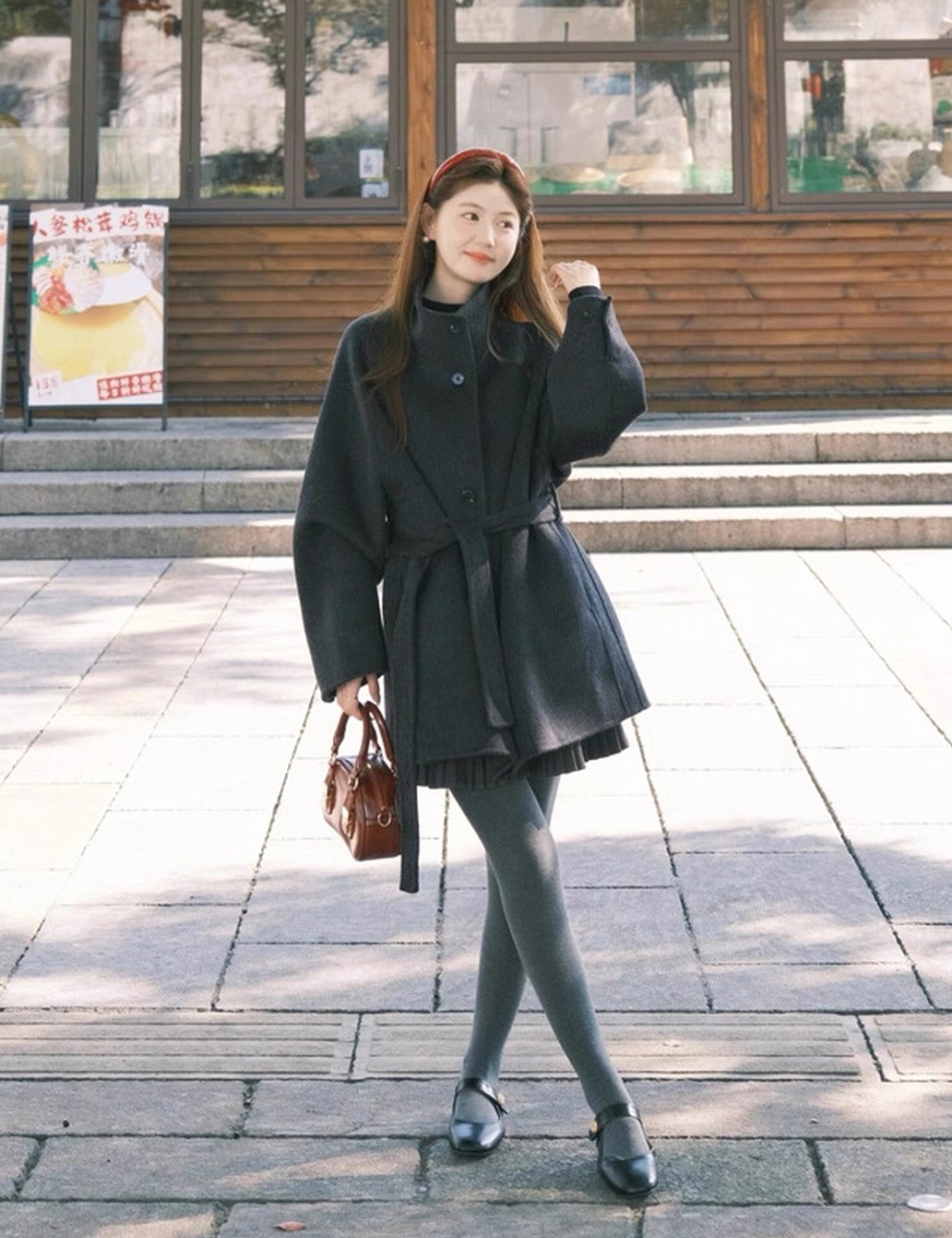 Woolen loose frenum woolen coat long slim gray overcoat