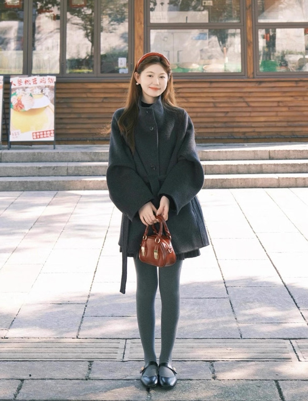 Woolen loose frenum woolen coat long slim gray overcoat