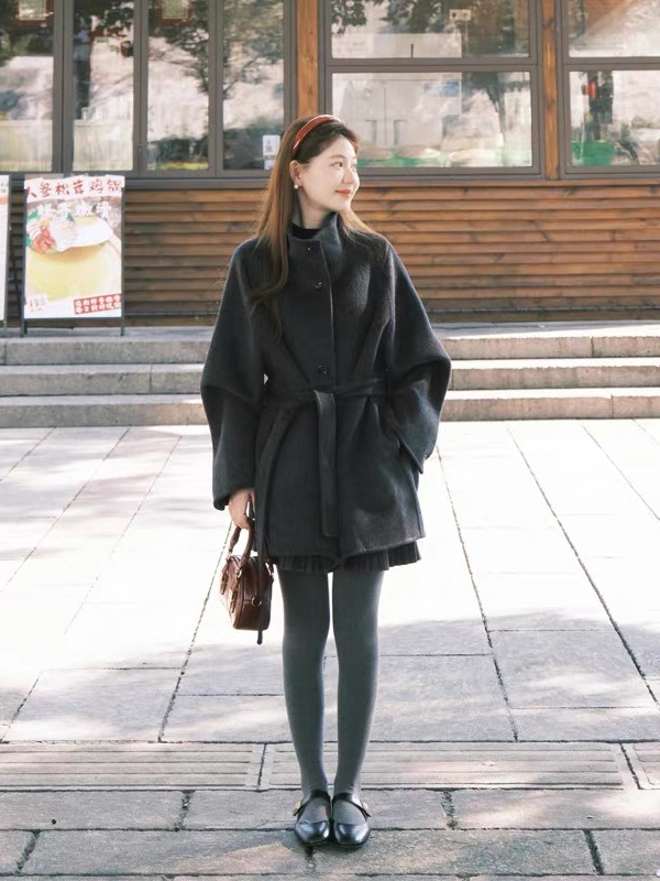 Woolen loose frenum woolen coat long slim gray overcoat