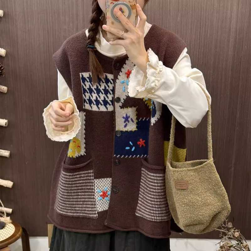 Cubs retro plaid cardigan show young niche patch sweater