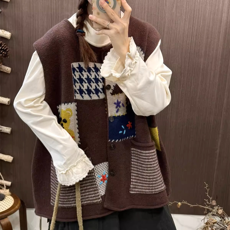 Cubs retro plaid cardigan show young niche patch sweater