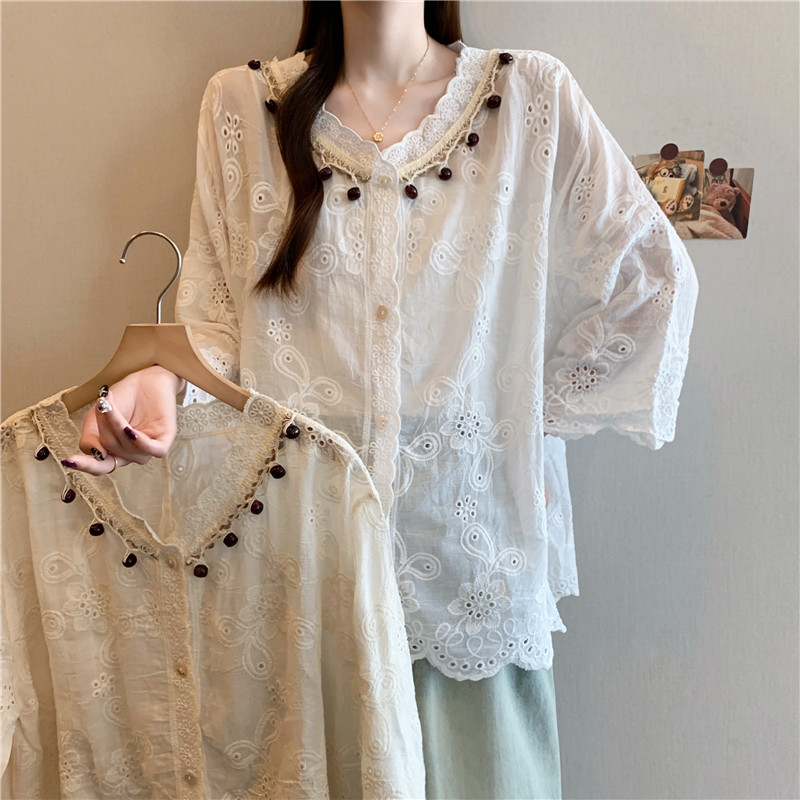 Lace Korean style cardigan embroidery shirts for women