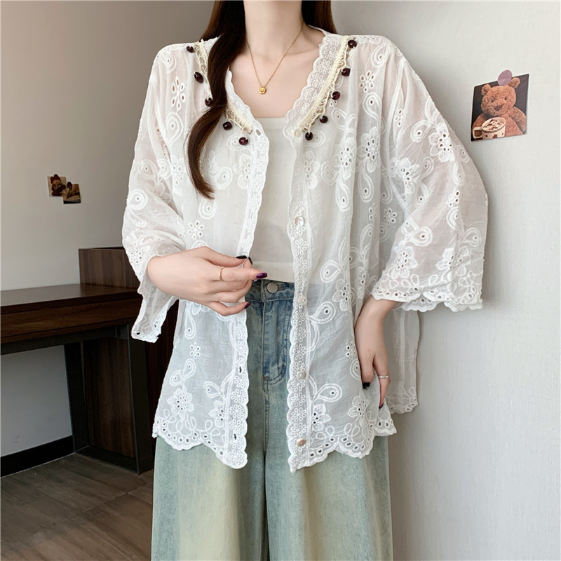 Lace Korean style cardigan embroidery shirts for women