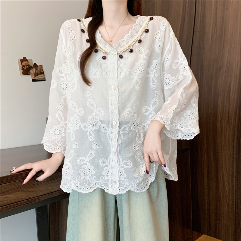 Lace Korean style cardigan embroidery shirts for women