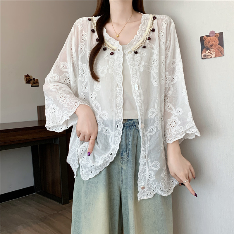 Lace Korean style cardigan embroidery shirts for women