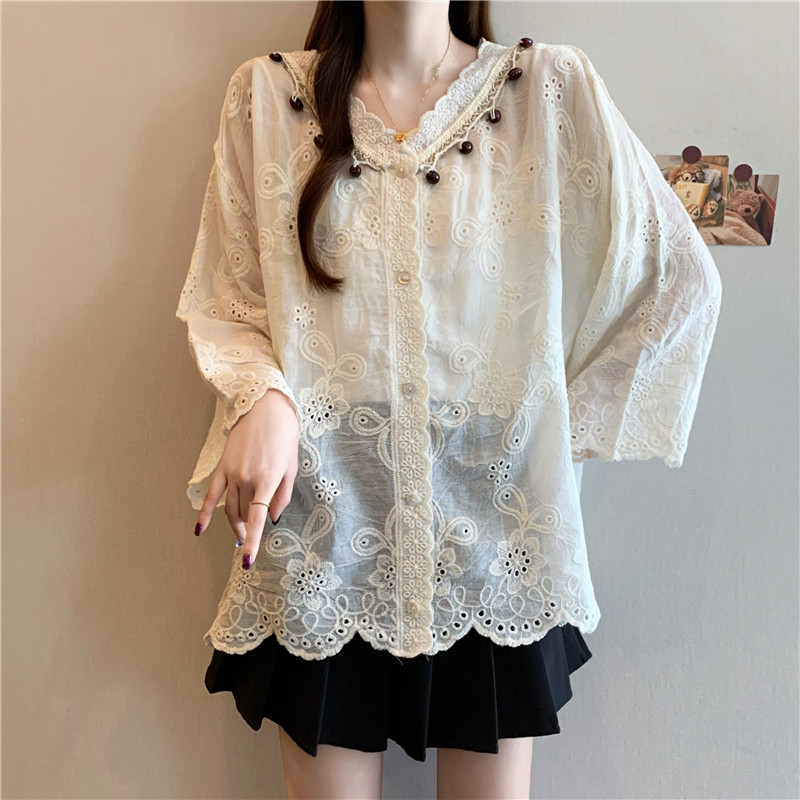 Lace Korean style cardigan embroidery shirts for women