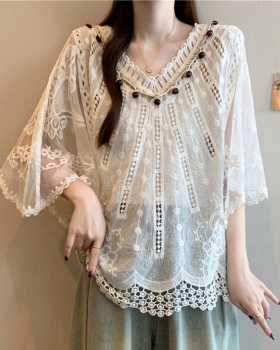 Bohemian style boats sleeve V-neck large yard hollow tops