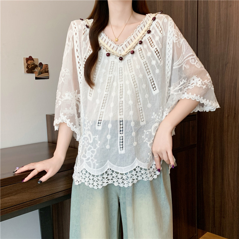 Bohemian style boats sleeve V-neck large yard hollow tops