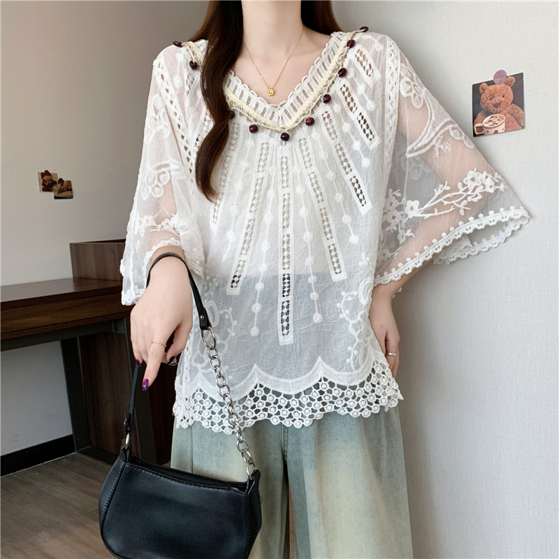 Bohemian style boats sleeve V-neck large yard hollow tops