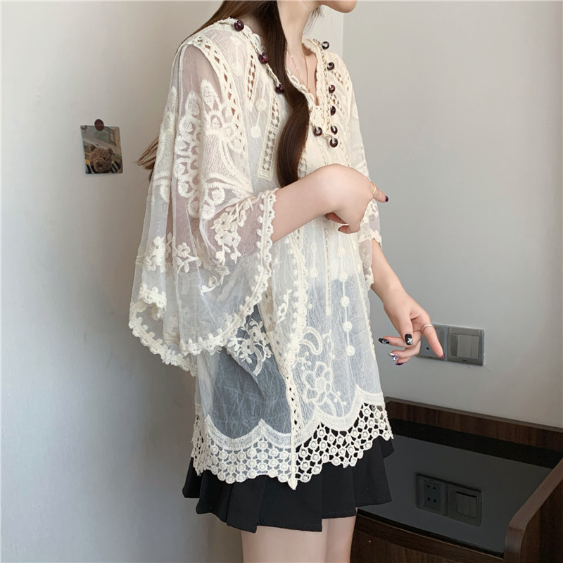 Bohemian style boats sleeve V-neck large yard hollow tops