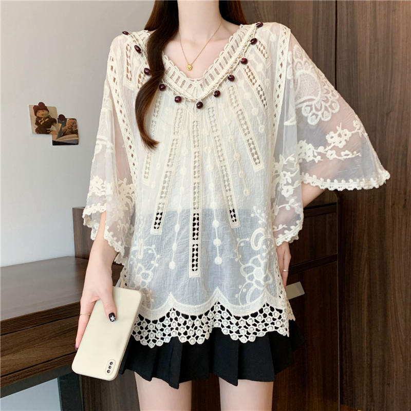 Bohemian style boats sleeve V-neck large yard hollow tops