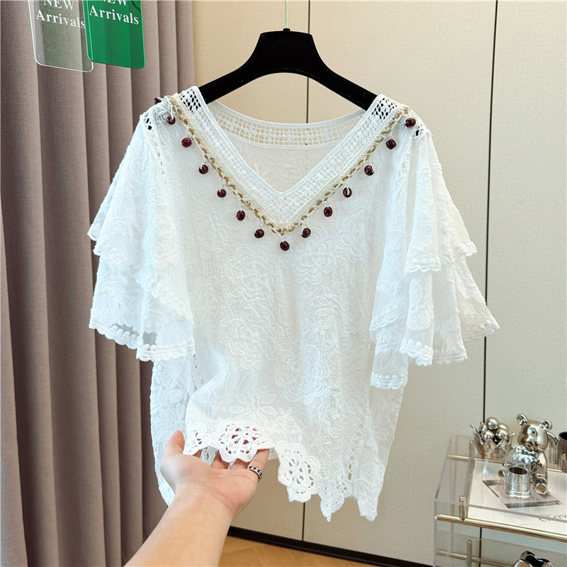 Slim all-match large yard short sleeve crochet tops