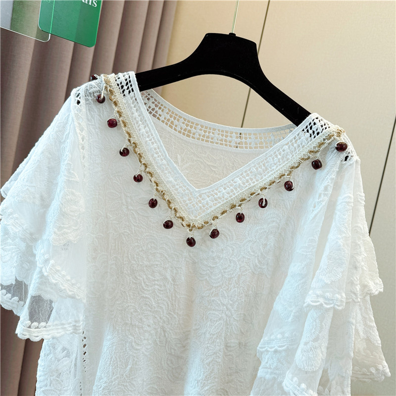 Slim all-match large yard short sleeve crochet tops