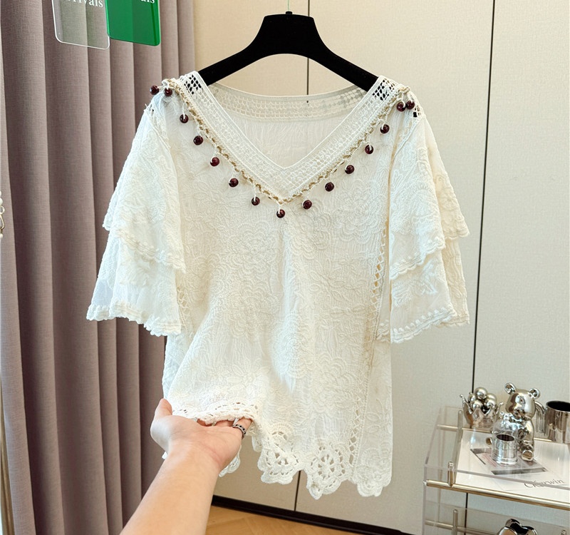 Slim all-match large yard short sleeve crochet tops