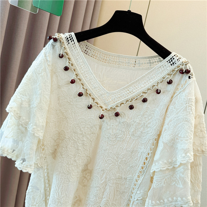 Slim all-match large yard short sleeve crochet tops