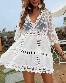 Lace loose long shirts vacation sexy sandy beach smock