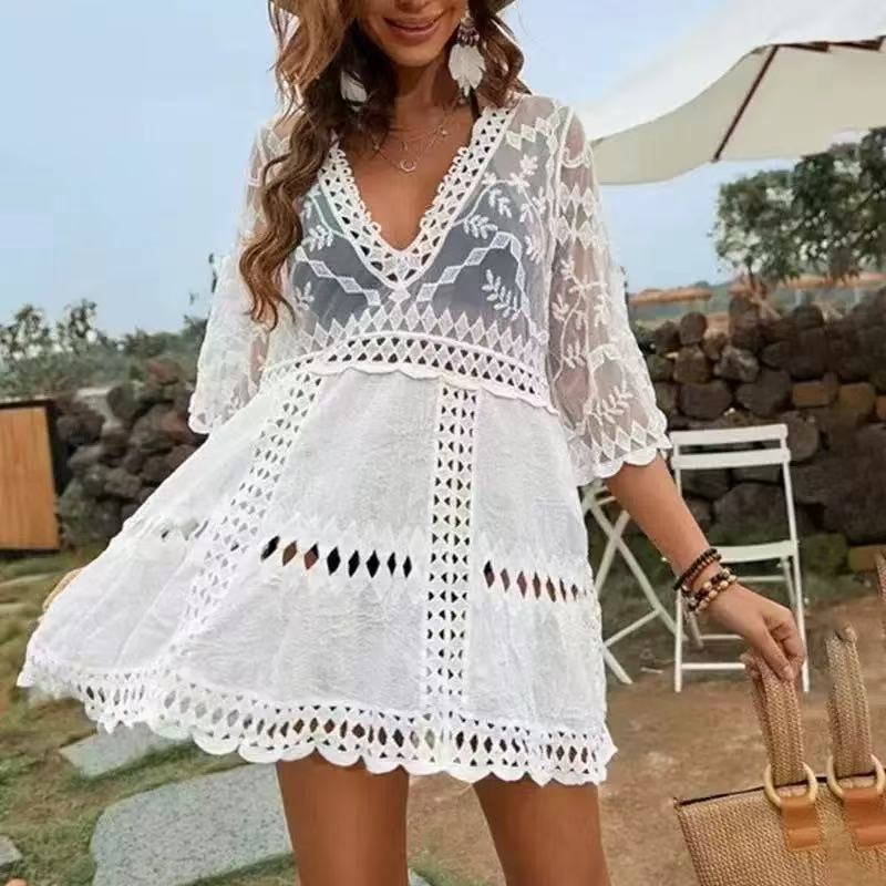Lace loose long shirts vacation sexy sandy beach smock
