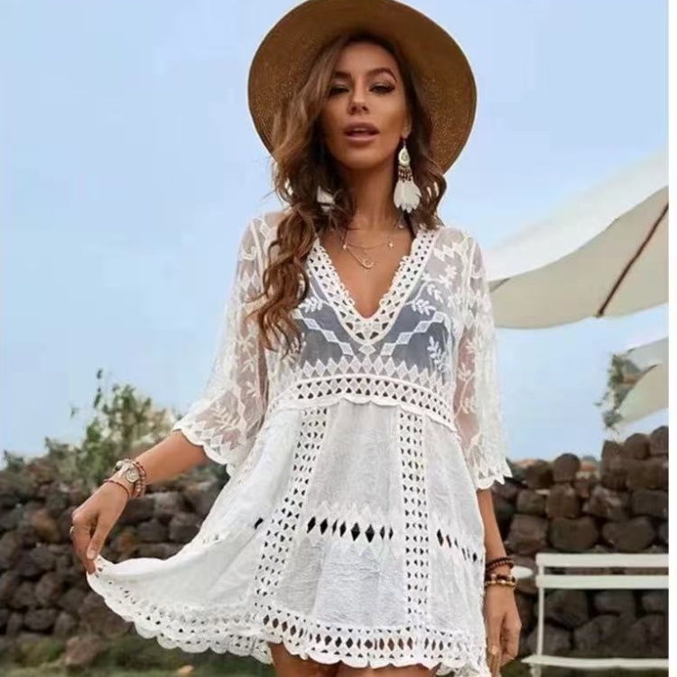 Lace loose long shirts vacation sexy sandy beach smock
