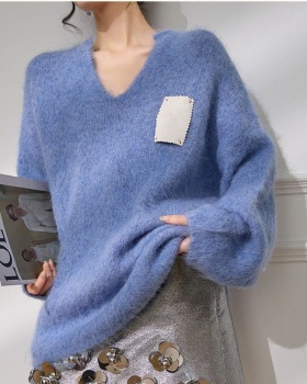 Slim autumn blue Casual tops knitted lazy loose V-neck sweater