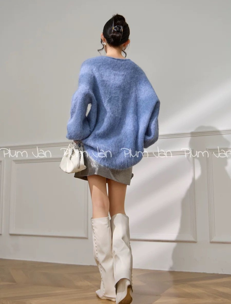 Slim autumn blue Casual tops knitted lazy loose V-neck sweater